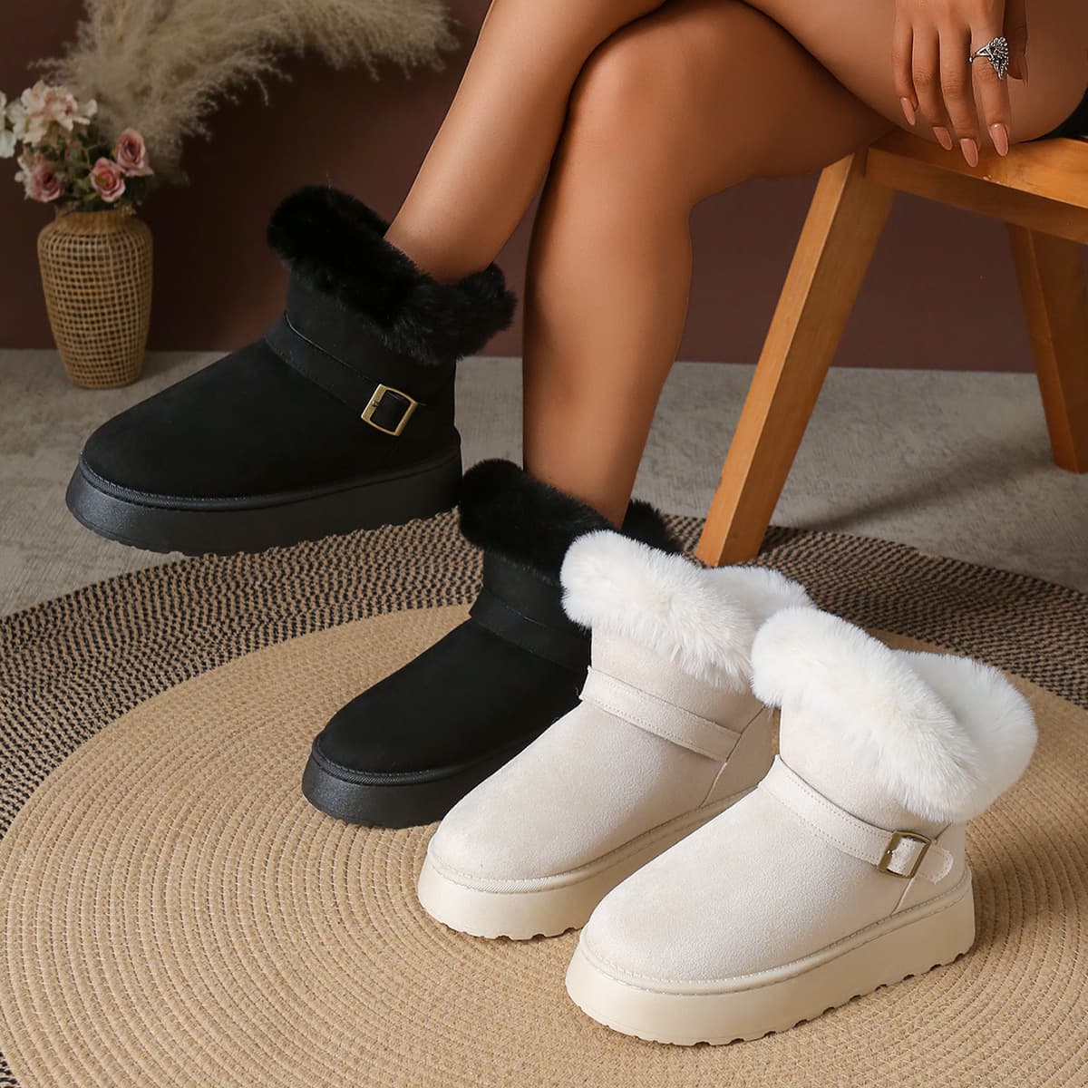 Winter Outdoor Casual Thick Sole Snow Boots Women 2025 Short Boots Buckle Lined Suede Fur Collar Petite Northeast Cotton Shoes