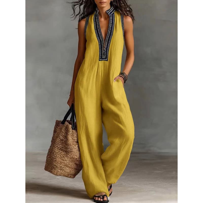 2026 European and American style, cross-border women's simple linen blend sleeveless jumpsuit with zipper and stand-up collar.