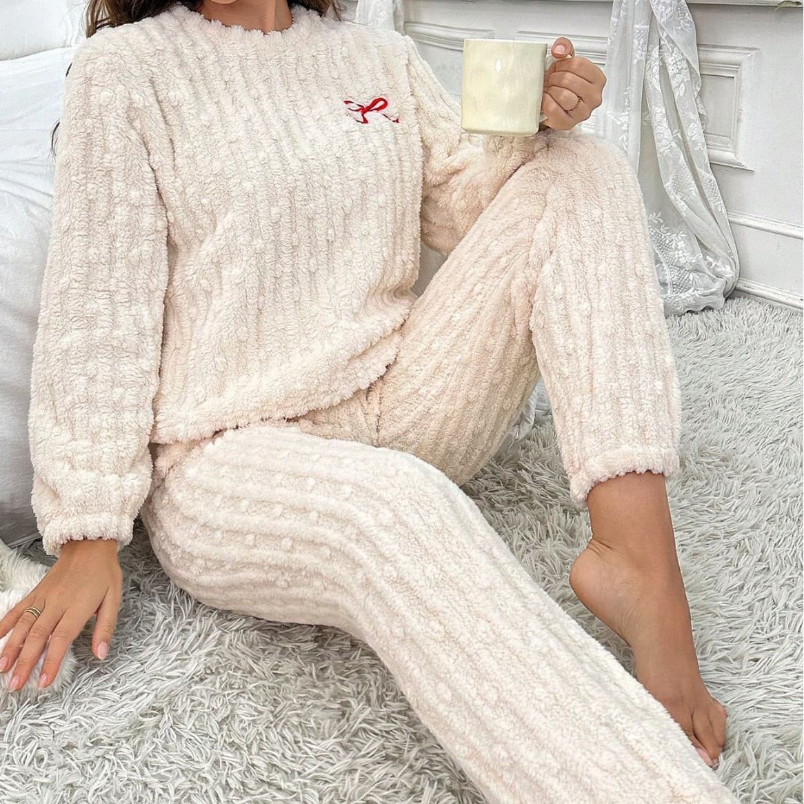 Cross-Best-Selling Autumn/Winter Jacquard Happy Bean Soft Comfortable Bow Embroidery Warm Women's Casual Loungewear