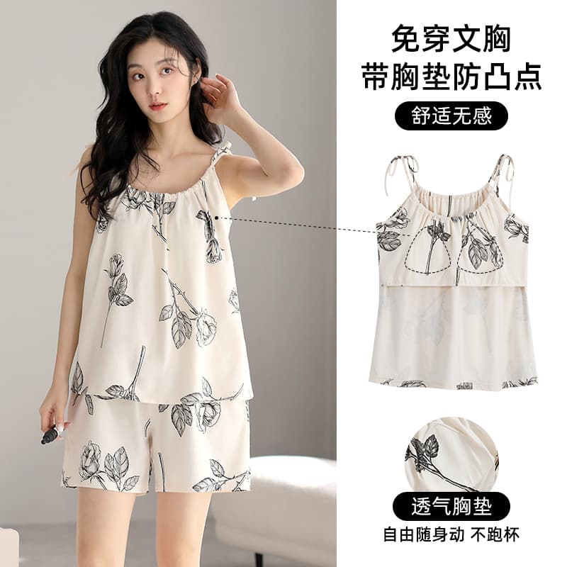 Soft Cotton Strap Shorts with Built-in Pads Sleepwear Women Summer Loose Casual Wearable Outside Female Homewear Set
