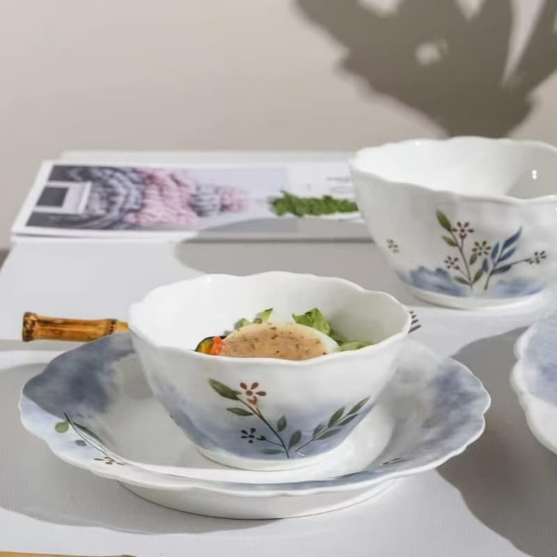 Underglaze Color Vintage Pastoral Style Household Ceramic Bowls and Plates, Rice Bowls, Salad Bowls, Soup Bowls, Dish Plates, Deep Soup Plates