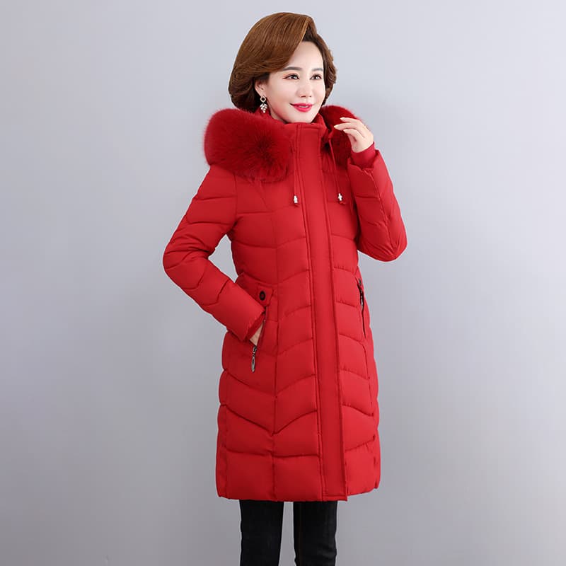 New style women's mid-length cotton-padded coat for middle-aged and elderly women, thickened cotton-padded jacket with fur collar and hood.