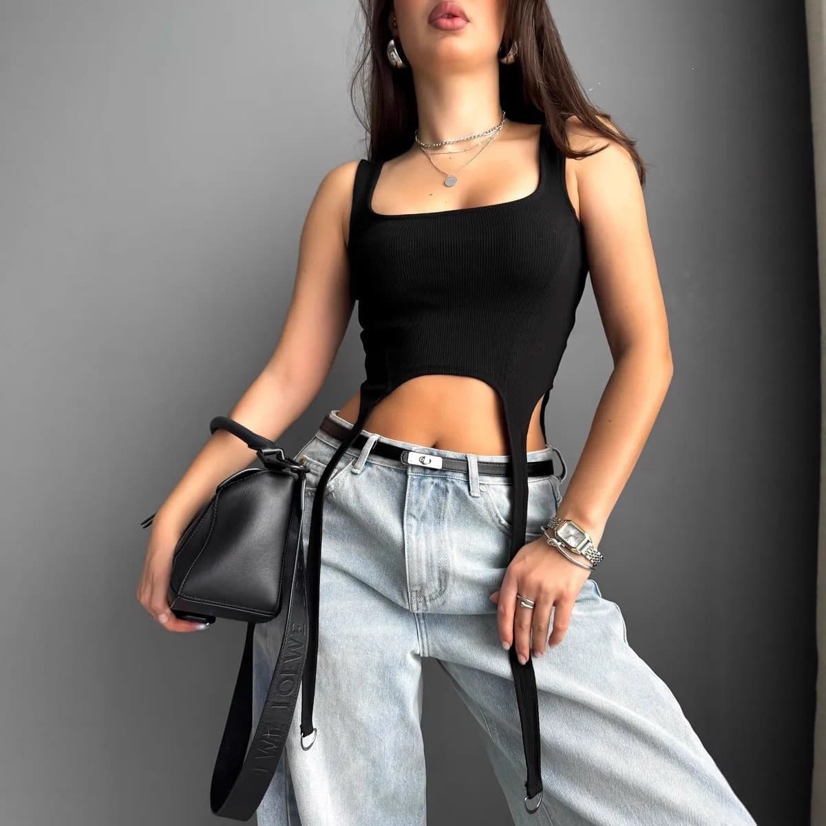 New cross-border e-commerce tank top, Amazon European and American style ribbed ribbon summer simple women's top with unique irregular design
