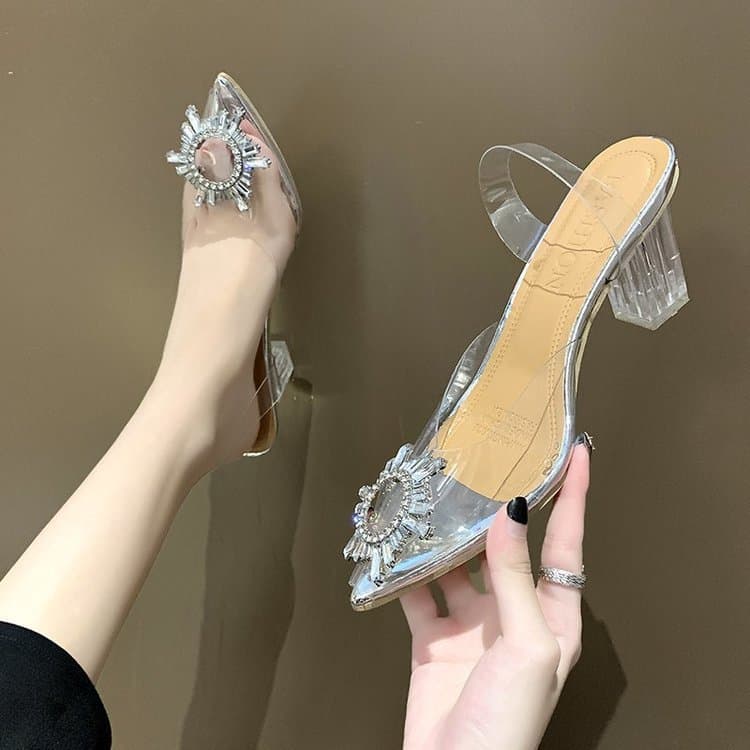 2024 Spring/Summer New Pointed Toe One-Strap Sunflower High Heels Transparent Crystal Heels Chunky Wine Glass Heel Sandals for Women