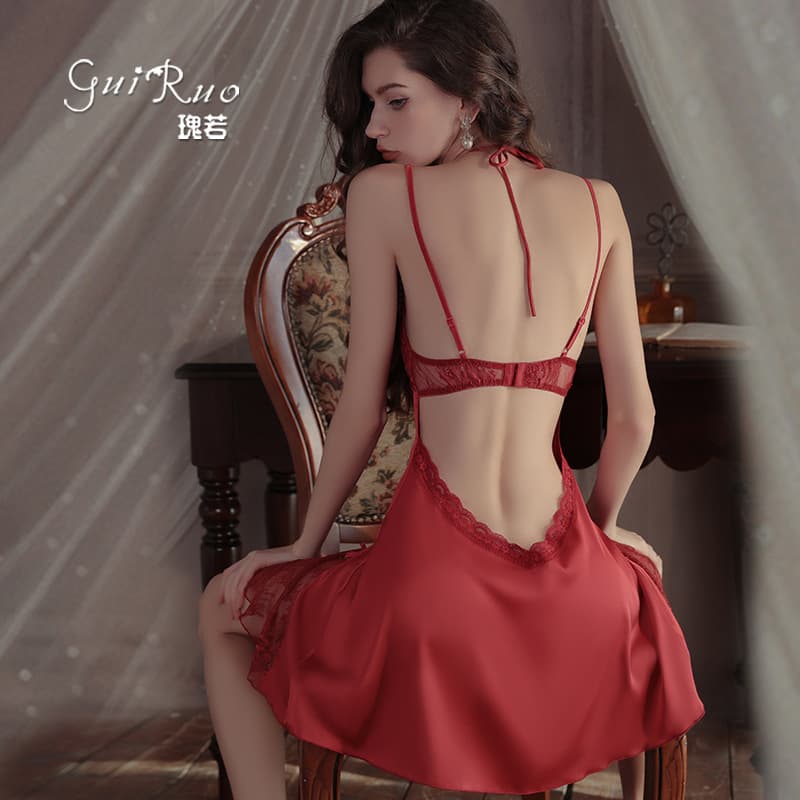 Guiruo brand lingerie deep V push-up bra with padded breasts, pure and seductive silk satin nightgown/loungewear set 4681