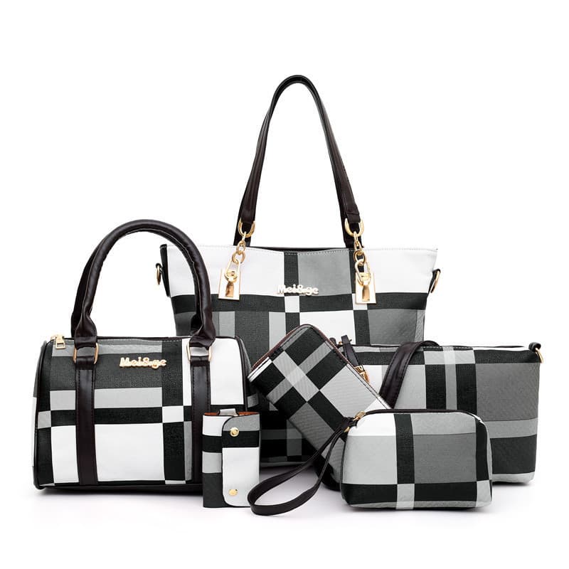 Classic six-piece mother-daughter bag set, crossbody shoulder bag, European and Korean style, fashionable and versatile women's color-blocked plaid handbag.
