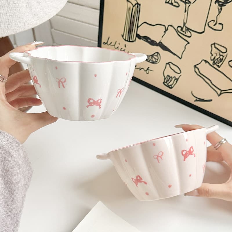 Cream Bow Ceramic Dinnerware Set - Cute Glazed Bowls for Dessert and Rice