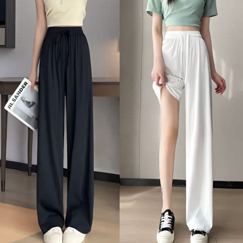 Single/Two Ice Silk Wide Leg Pants 2026 Summer Thin High Waist Slim Casual Straight Trousers