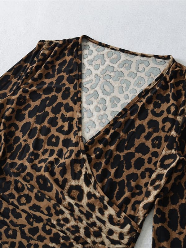 Women's autumn leopard print flared sleeve t-shirt, unique style, deep V-neck, fitted waist, sexy and hot top.