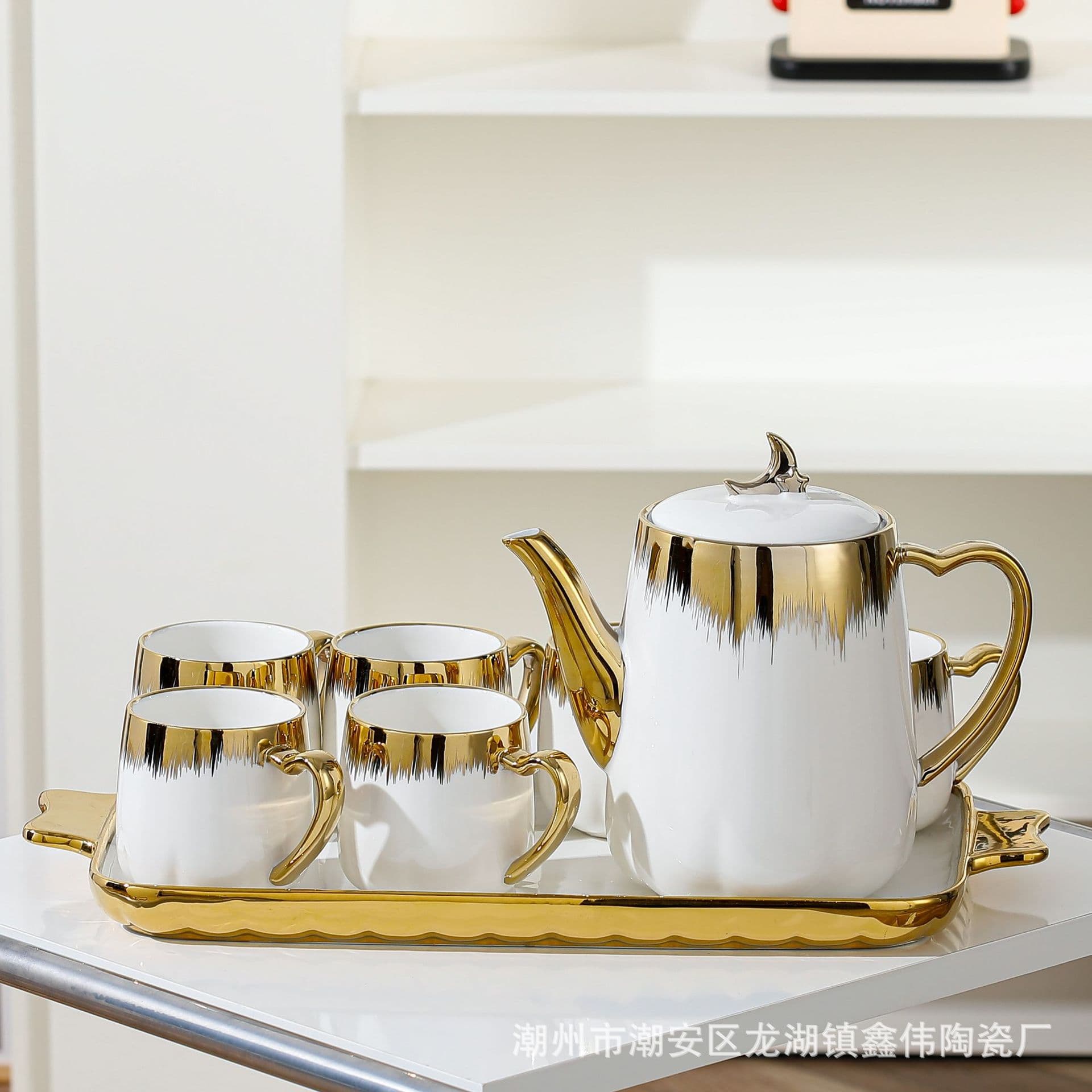Nordic Gold-Plated Ceramic Water Set, Home Office Kettle and Cups with Tray, Gift Coffee Cup Teapot Gift Box