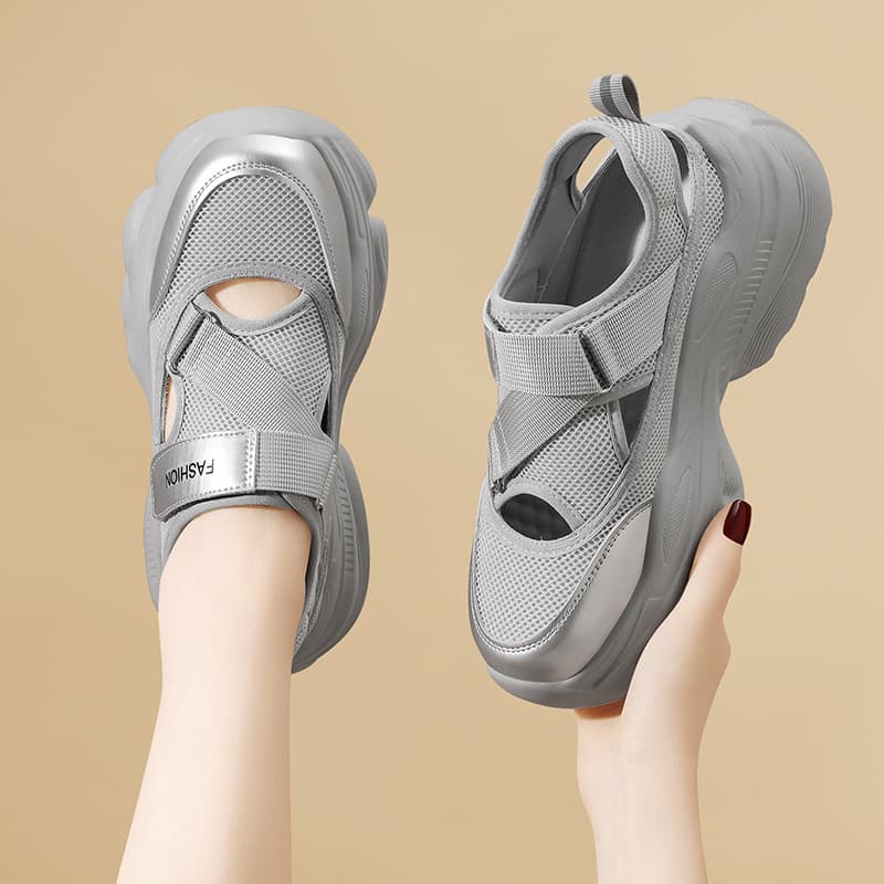 2025 Summer Heightening Hollow Breathable Chunky Sneakers Hook-and-Loop New Sandals Casual Thick Sole Sports Shoes