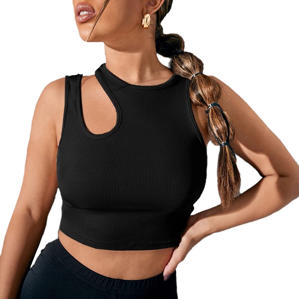 2026 Spring/Summer European and American Women's Sleeveless Sports Vest, Slim Fit, Short, Sexy Hollow-out Round Neck Solid Color Top