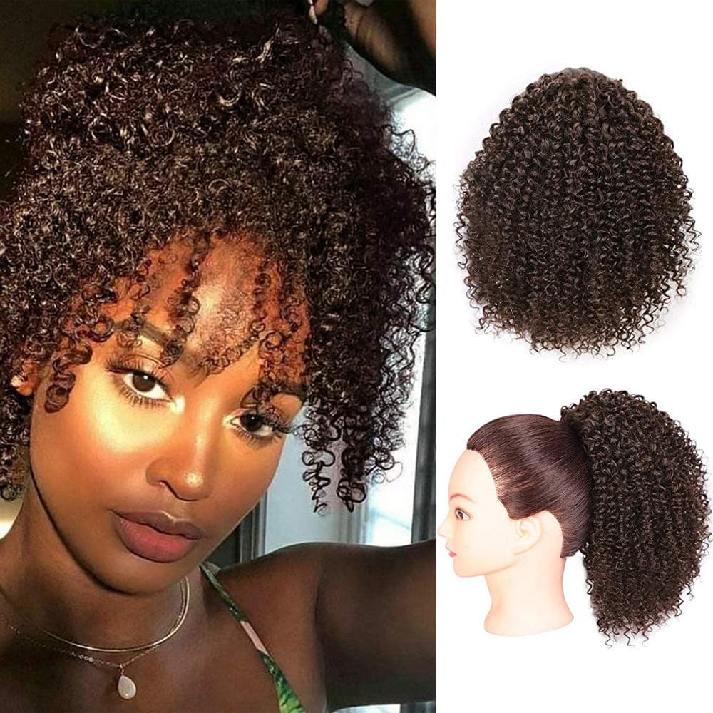 Afro Curly Short Women's Curly Ponytail Drawstring Hair Bun Wig for Black Hair