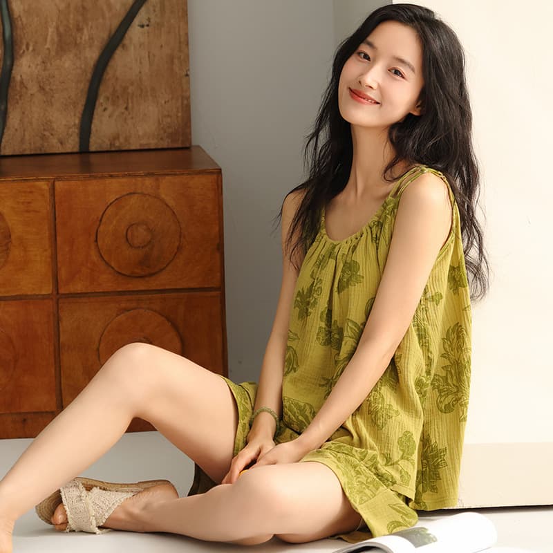 Women's Summer Cotton Pajama Set with Built-in Bra Pads, Simple Loose Cute Loungewear