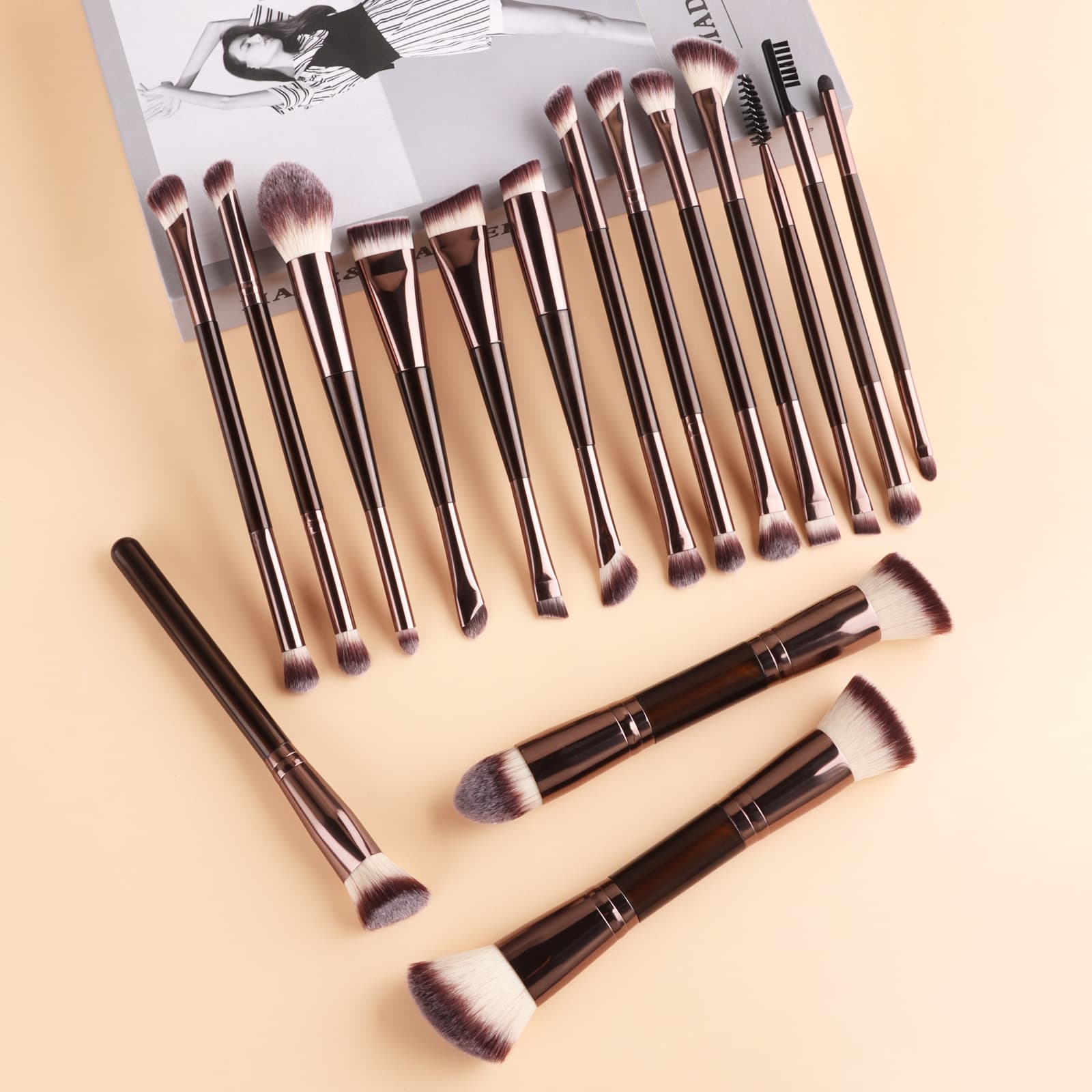 16-Ended Makeup Brush Set, Includes Eye Detail Brush, Face Powder Brush, Blush Brush, Makeup Tools