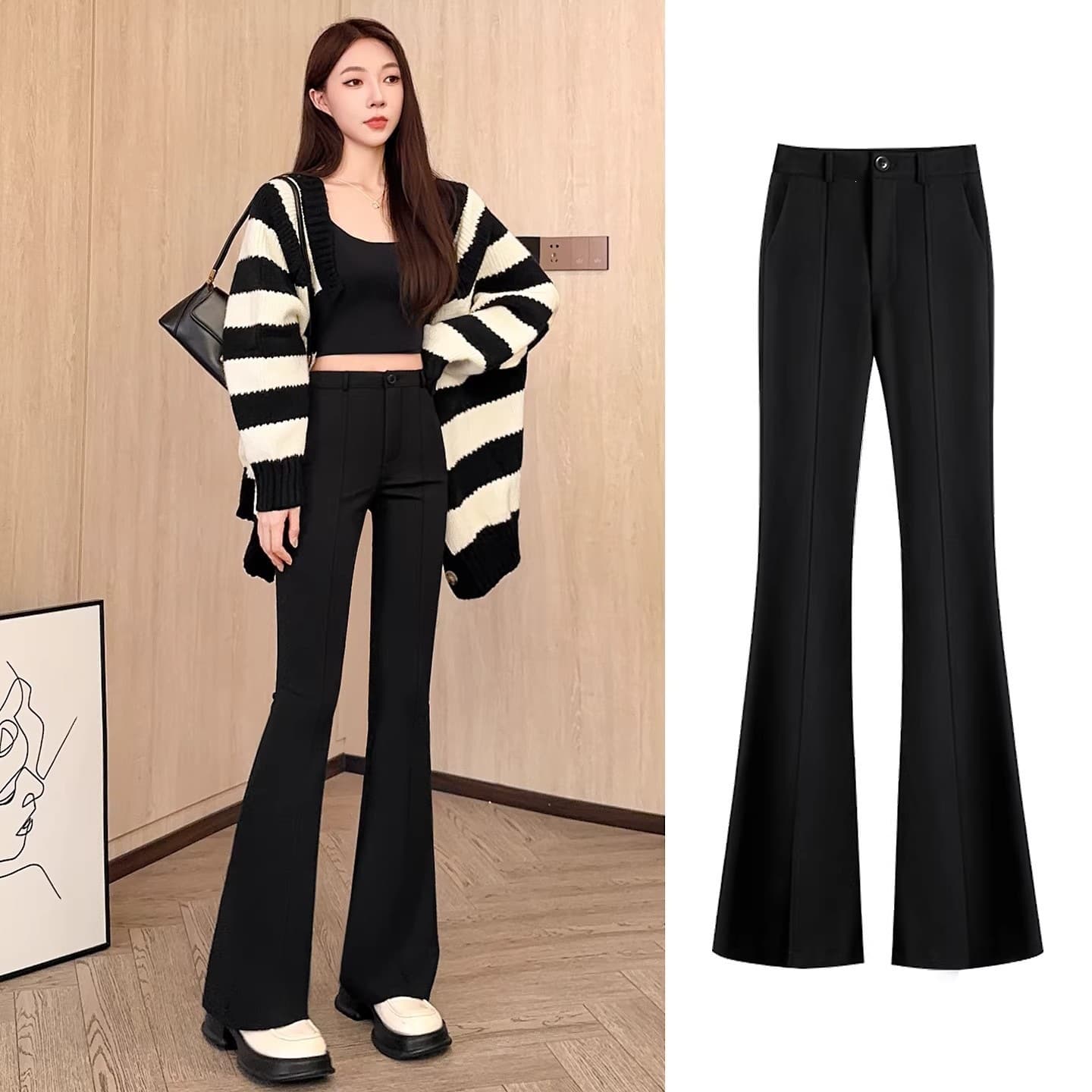 Petite women's high-waisted slim-fit 2026 spring new style suit flared pants, black with a flowing drape.
