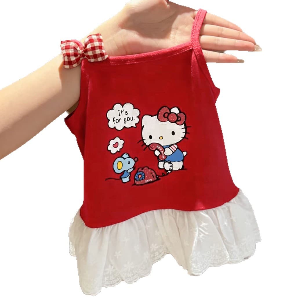 Baby Red Camisole Top Summer New Lace Trim Sleeveless Vest Cartoon Print Outerwear Kids Clothing