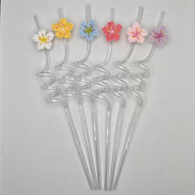 Cross-border floral soft rubber straw decorative buckle for bars, birthday parties, PETG cherry blossom spiral straw, approximately 27cm.