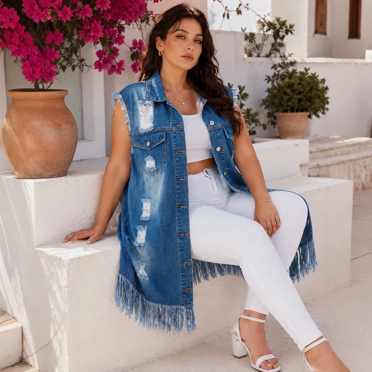 Plus Size Midi Ripped Denim Vest for Women, Casual Sleeveless Fringe Hem