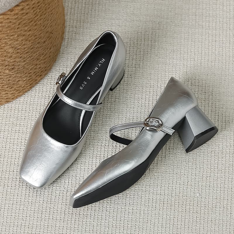 Leather version ~ 2024 Summer New French Silver Chunky Heel Shallow Mouth Soft Sole One-Strap Square Toe Mary Jane Women's Shoes