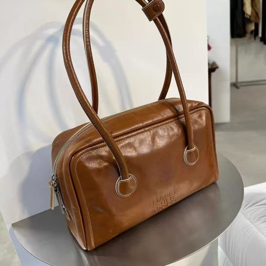 Margesherw00D Bowling Bag in Large, Medium, and Small Sizes, New Korean Style Boston Handbag for Commuting, Underarm Shoulder Bag