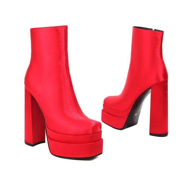 Square-toe, double-waterproof platform, super high-heeled, chunky-heeled, silk ankle boots, 2022 export style, European and American fashion boots, women's boots with side zipper.