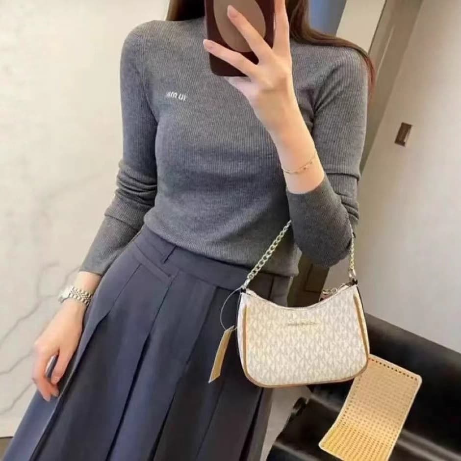Mm Home Nanyou 25 Autumn/Winter New Simple Versatile Comfortable Letter Jacquard Knit Base Shirt Top for Women