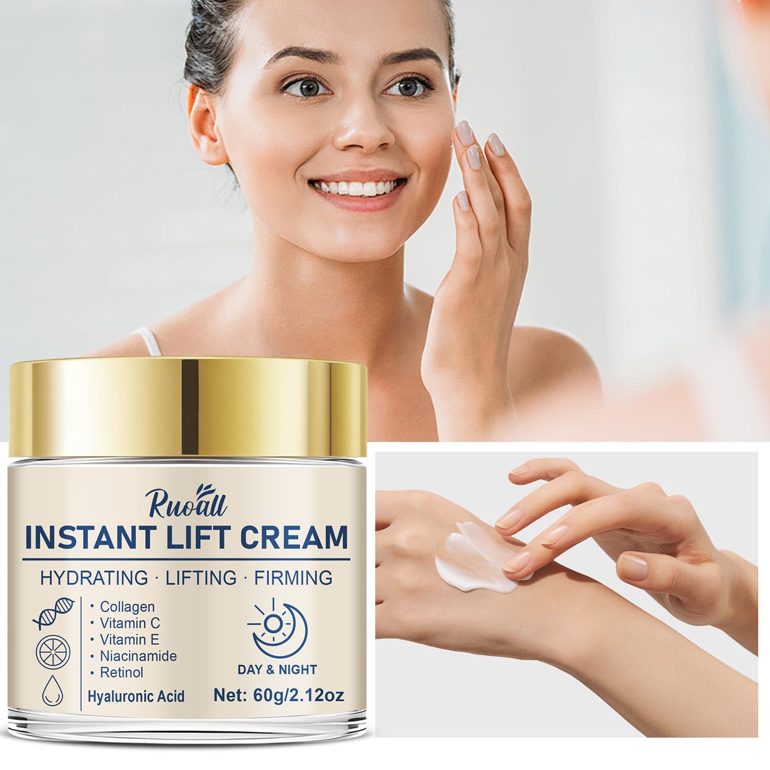 Ruoall Cross-Border Export Specializes in English-Packaged 60g Gold-Lid Transparent Bottles of Instant Lifting and Firming Cream