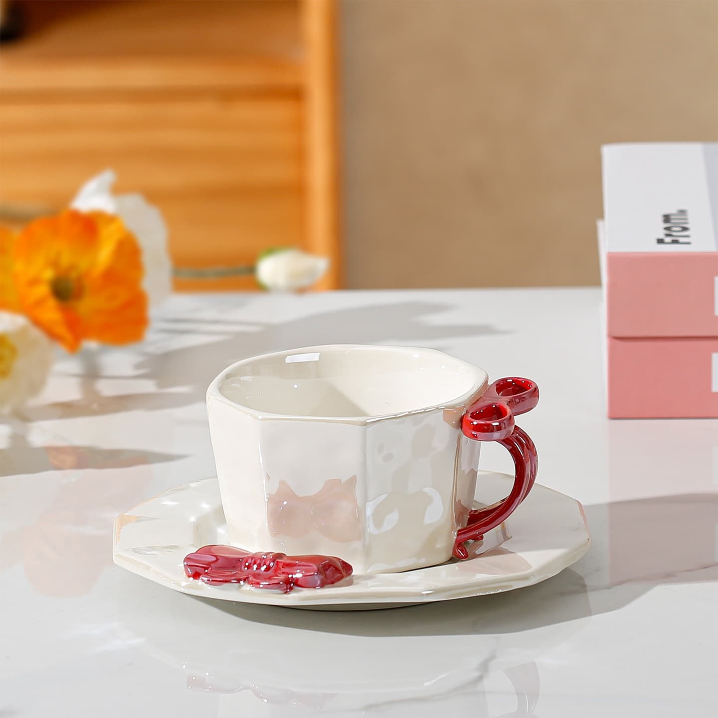 European and American New Style Mug with Bow, Ceramic Water Cup, Internet Celebrity Cup, Coffee Cup, Girly High-Value Cup and Saucer Set