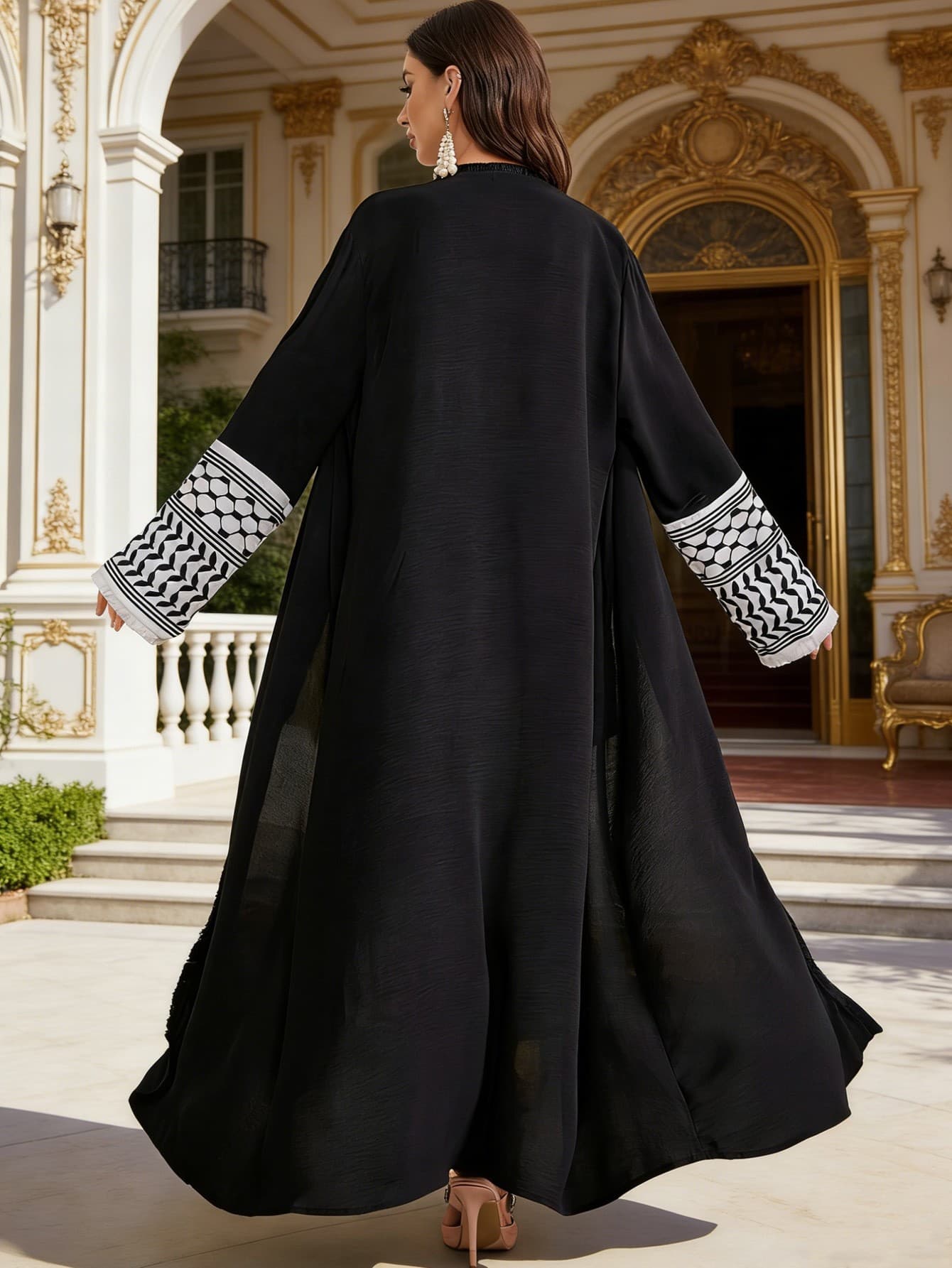 Spot cross-border women's ethnic clothing, elegant pocket cardigan, embroidered color-blocked dress with belt, black and white outer garment.