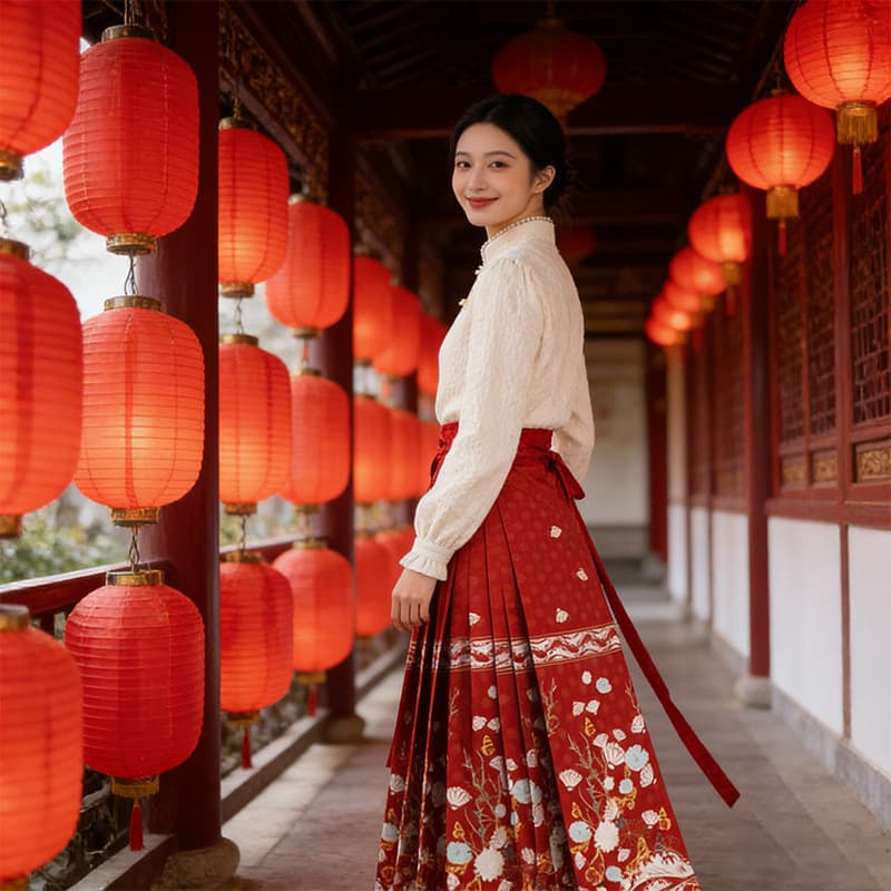 Women's Hanfu Horse-Face Skirt Set, New Chinese Style, Spring/Summer, Pleated Long Skirt, Wholesale [Flower Branch Butterfly Dream]
