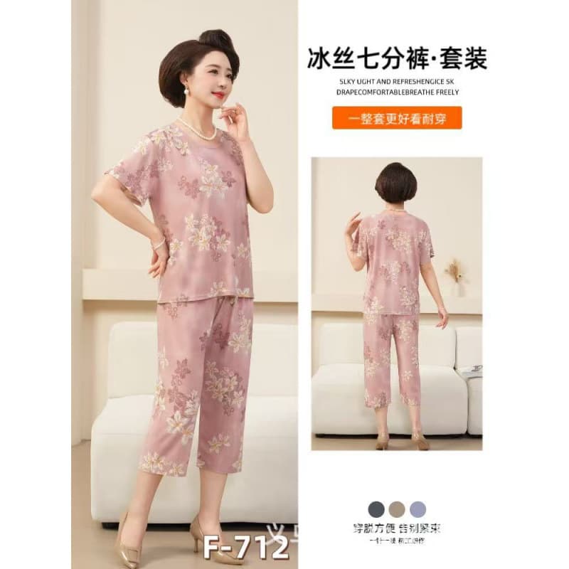 Middle Aged Elderly Ice Silk Print Set Women Summer Loose Plus Size Mother Short Sleeve Capri Pants Wear Out Homewear