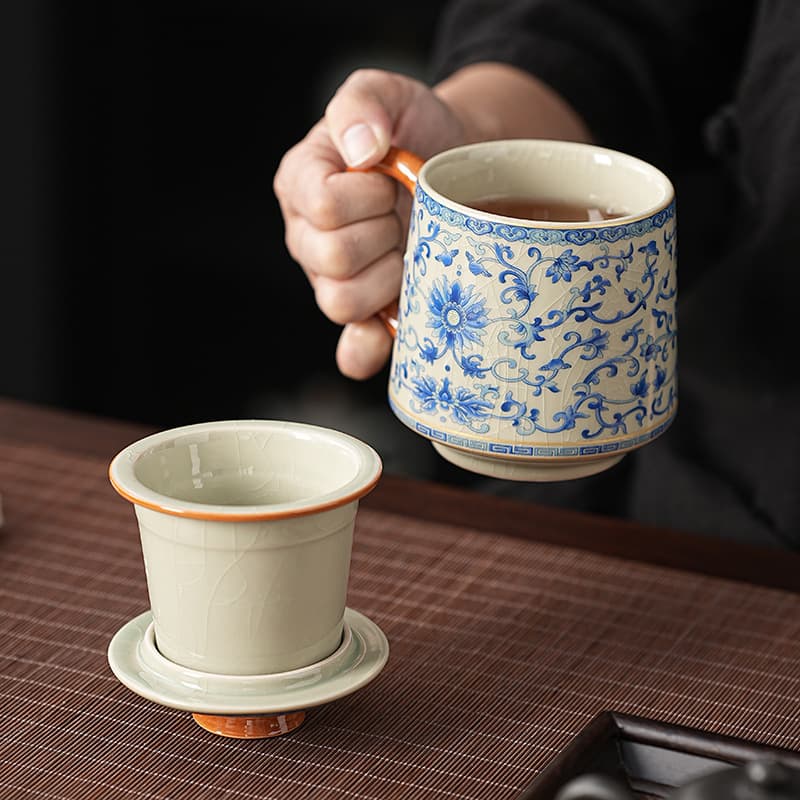 Ru ware ceramic teacup with tea-water separation, household mug, Ru porcelain with lid, tea brewing cup, business gift tea cup