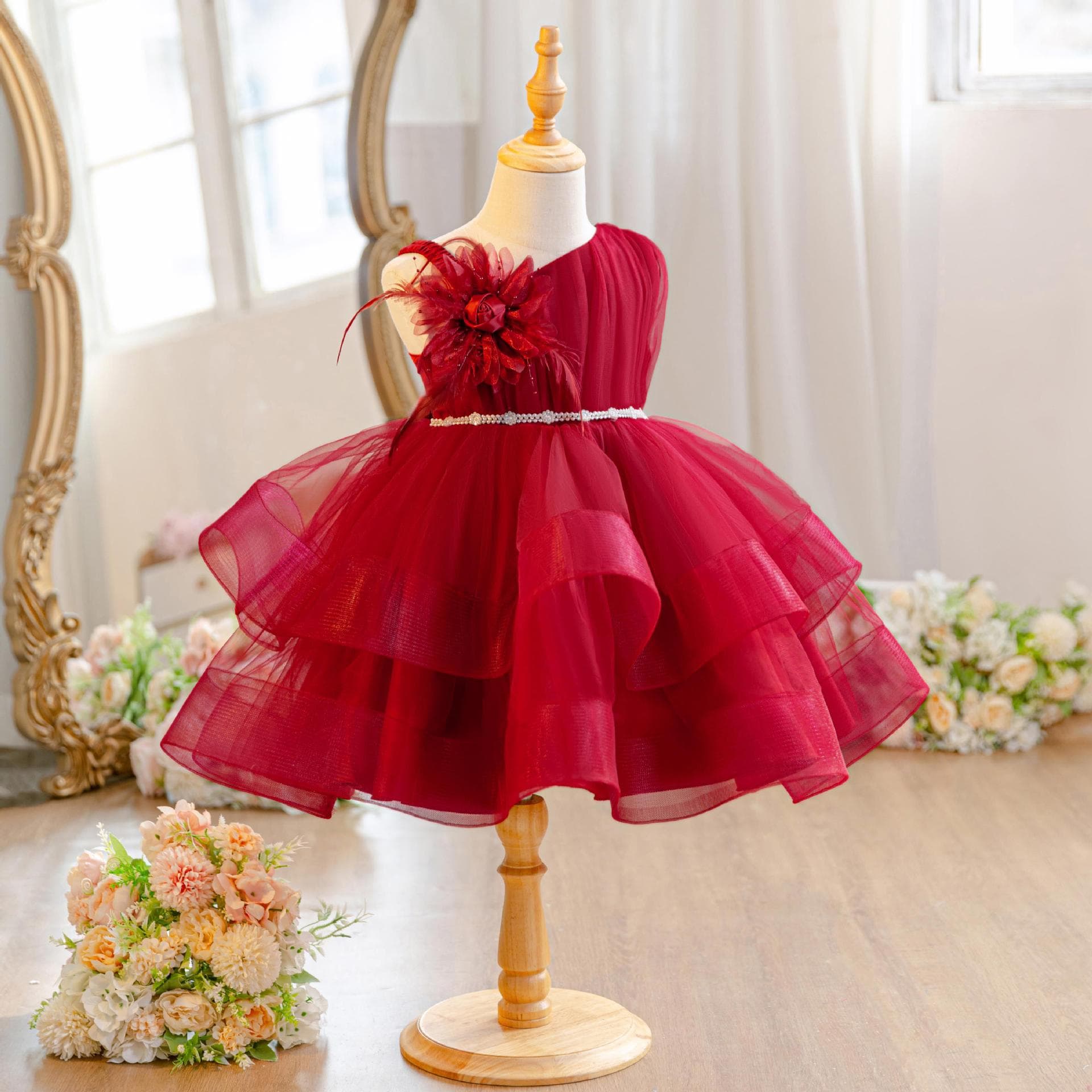 New Girls Wedding Dress Strapless Flower Girl Tutu Dress Birthday Performance Princess Dress