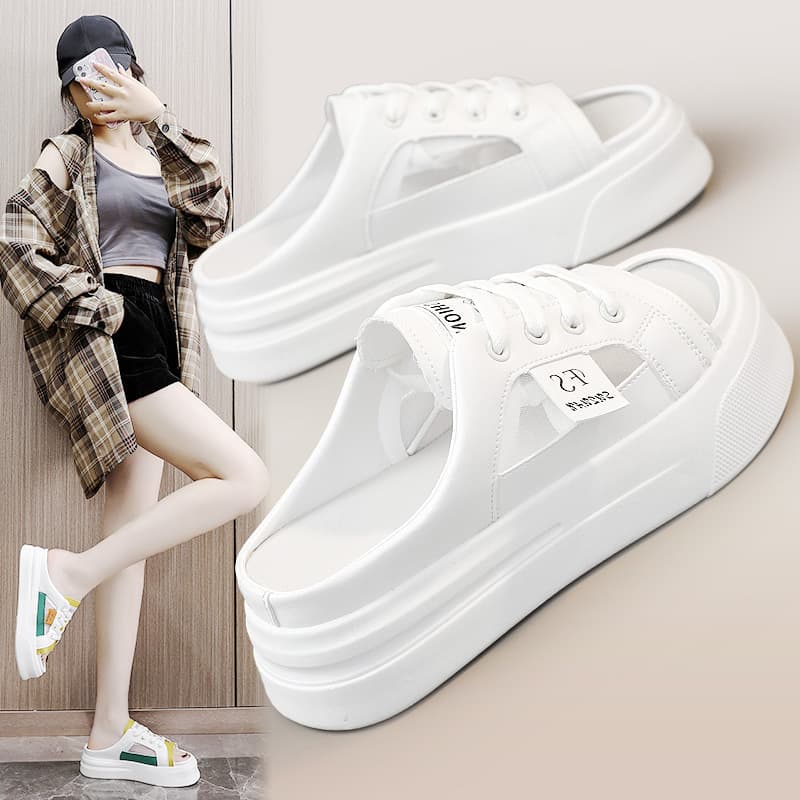 K8707 New Mesh Half-Slippers 2023 Summer Trendy Hollow-Out Breathable Thick Sole Height Increasing Casual Slippers Sandals Sneakers