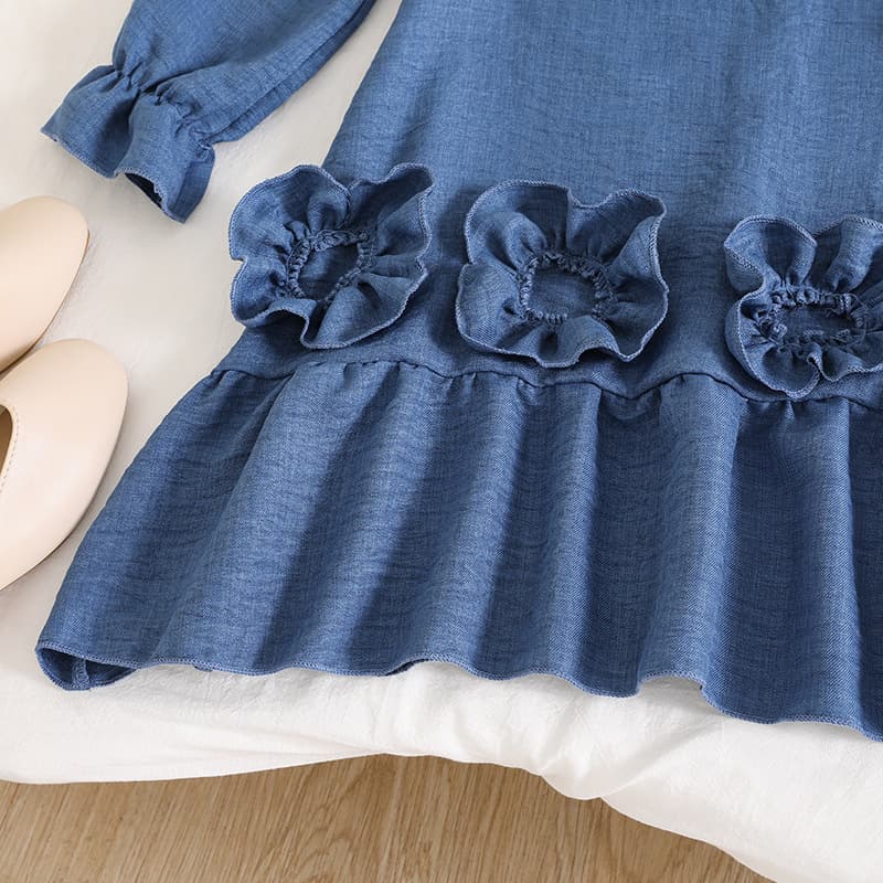 Children's Dress for Older Kids, Cross-Border Children's Clothing, 2025 Autumn New Solid Color Fashion Three-Dimensional Flower Casual Long-Sleeve Dress