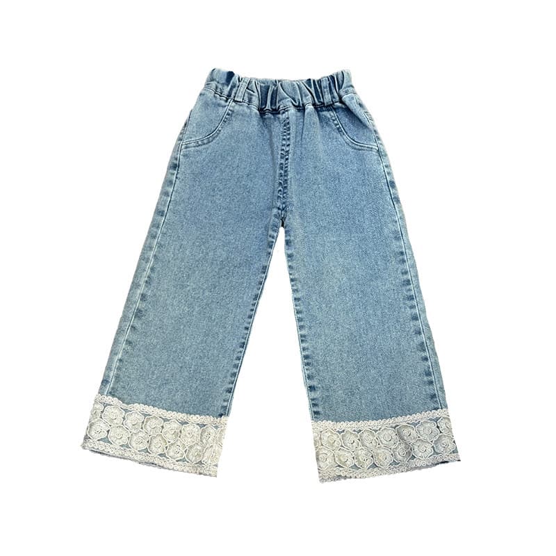 Girls Korean Style Jeans Autumn New Fashionable Lace Straight Leg Pants Casual Trousers