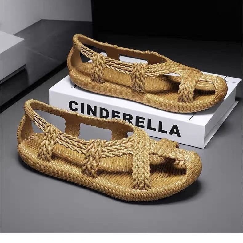 Black men's retro woven soft-soled breathable non-slip beach shoes for men and women, casual rubber straw sandals