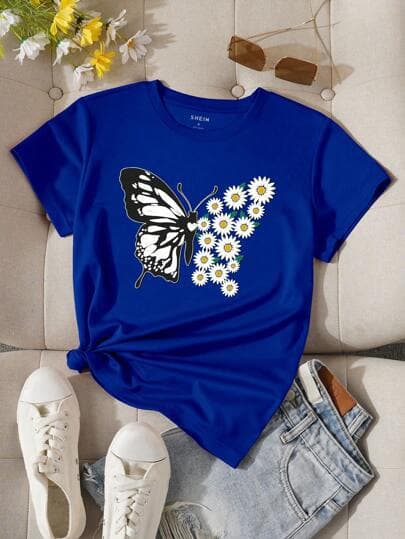 Cross-Border Cotton Tinawly Floral and Butterfly Print Tee Graphic Tees Wo