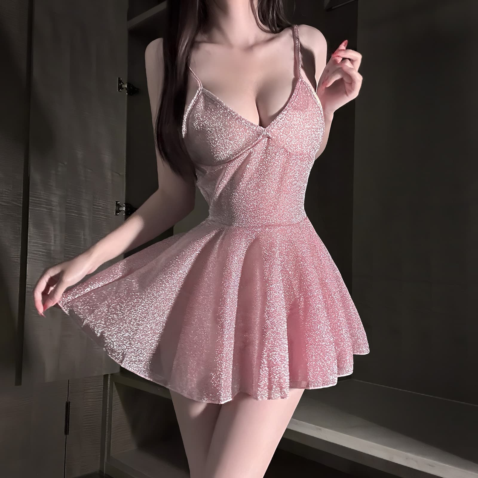 Jin Xiao Lingerie Pure Desire Camisole Sparkle Mesh Nightgown Pajama Passion Bedroom Quick-Release Date Night Set for Women