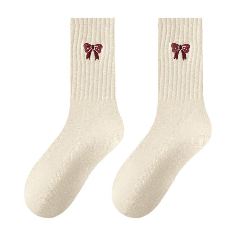 Ankola red socks women's spring and autumn ins sweat-absorbent retro pile socks striped stockings bow socks wholesale