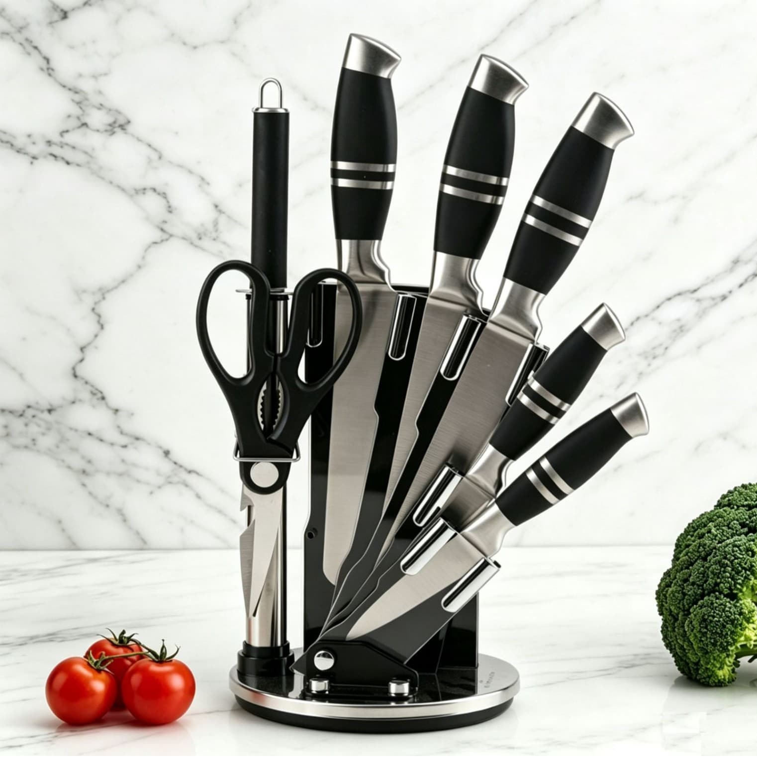 9-Piece Stainless Steel Hollow Handle Knife Set with Rotating Acrylic Block, Kitchen Knife, Wholesale