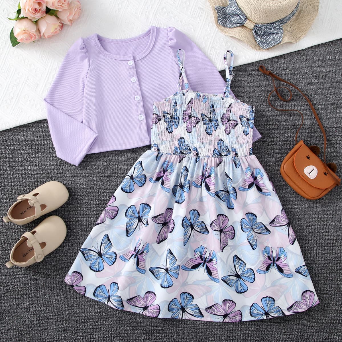 2026 Spring Autumn Kids Colorful Suspender Dress with Solid Jacket Set