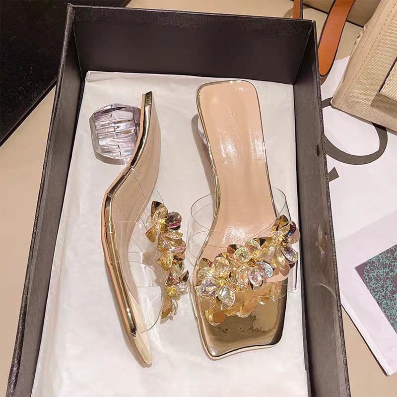 Medium-thick sole casual square toe 2025 summer new transparent women's rhinestone heel Korean style fashion slip-on sandals