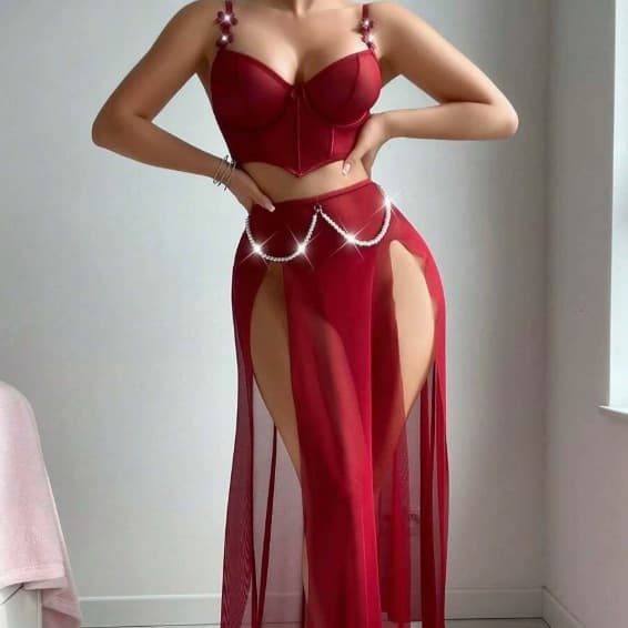 2025 New Sexy Lingerie Set for Women with Fishbone Design, Sheer Mesh, Push-up Effect, Cross-border Amazon