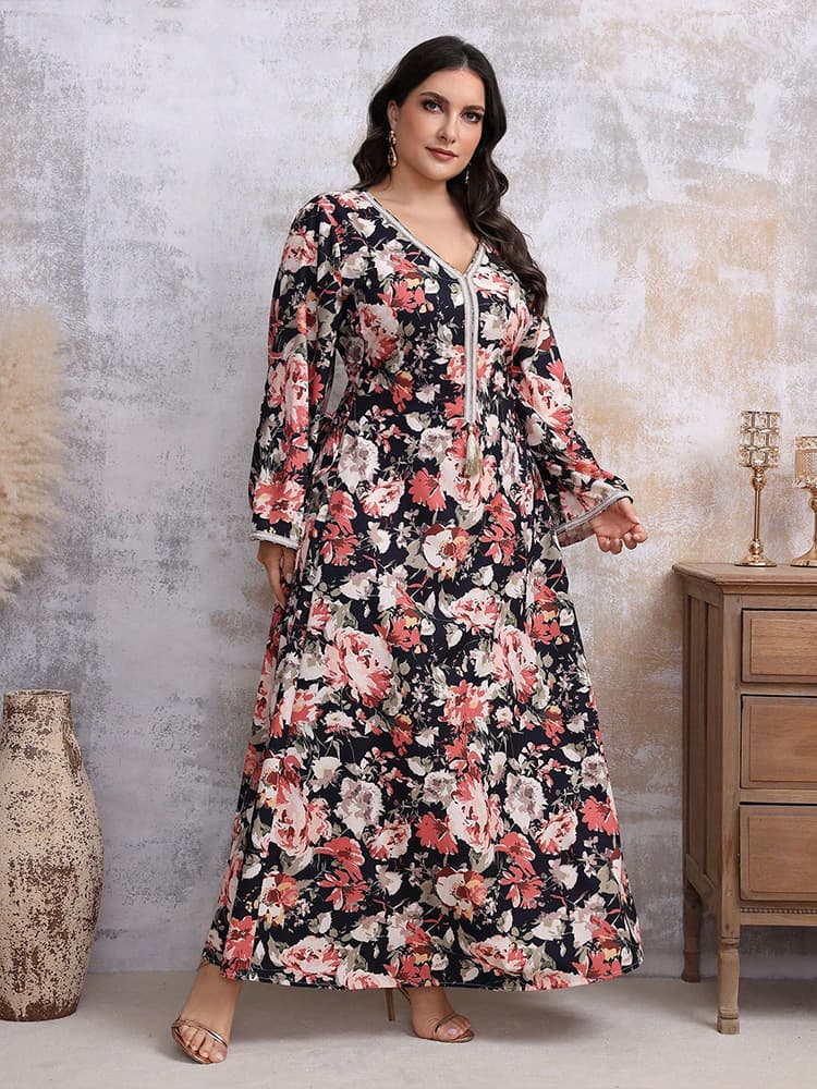 KYP1143 Fashion Printed Long Sleeve Plus Size Party Dress