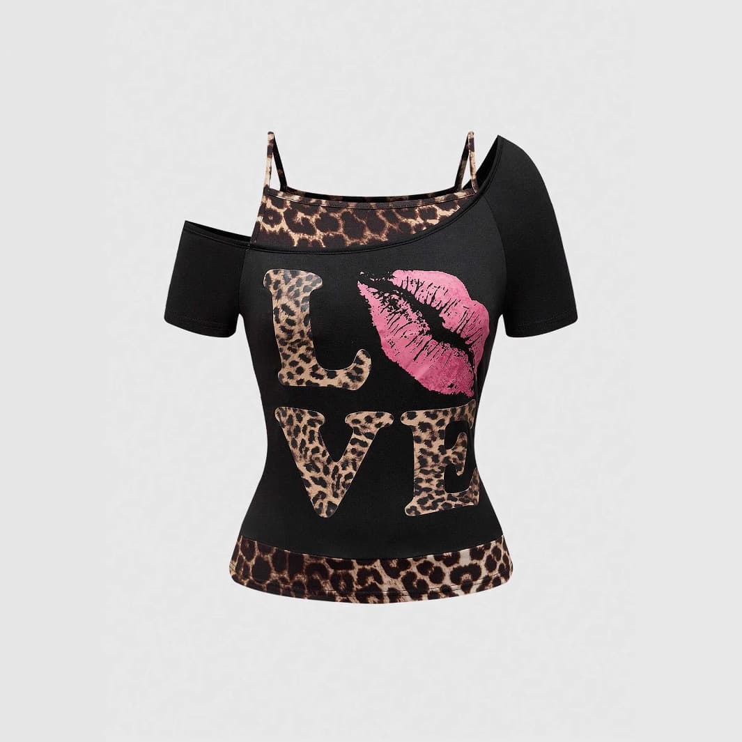 New cross-border women's summer Y2K leopard print heart-patterned faux two-piece T-shirt, short-sleeved round neck top