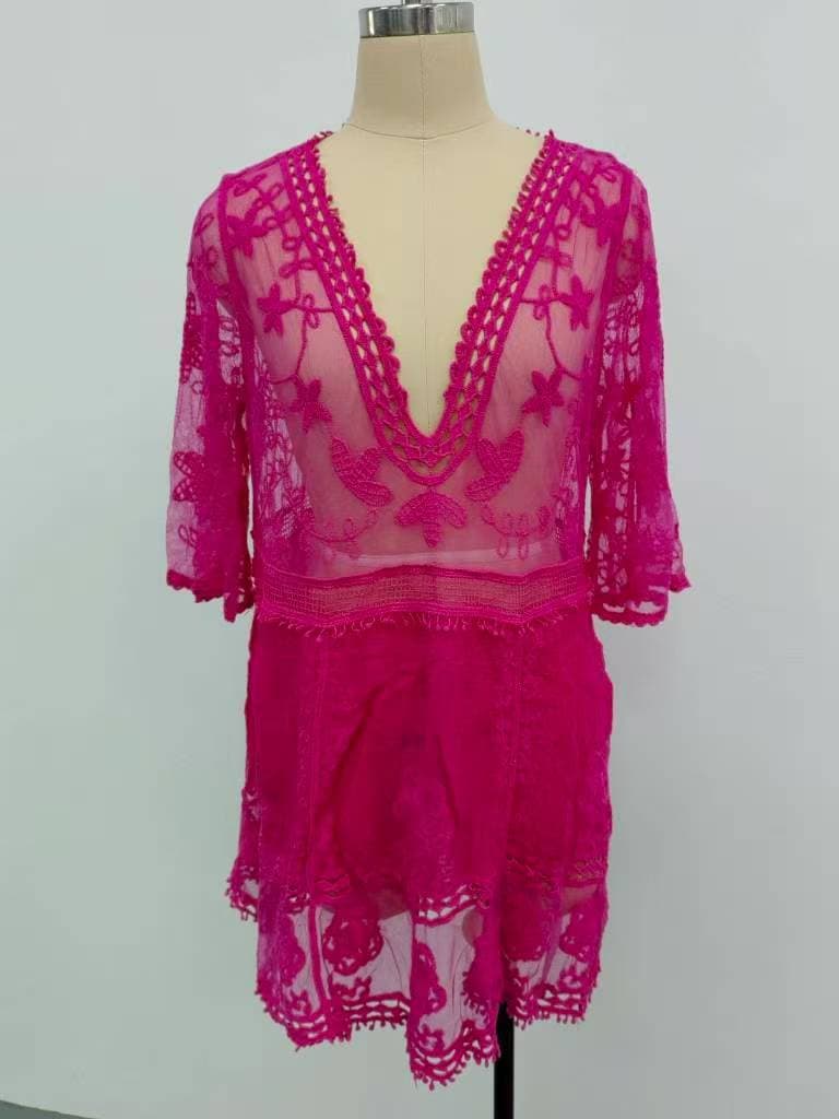 New European and American Cross-Border Exclusive V-Neck Lace Embroidered Sun Protection Top Sexy Bikini Beach Cover-Up for Women