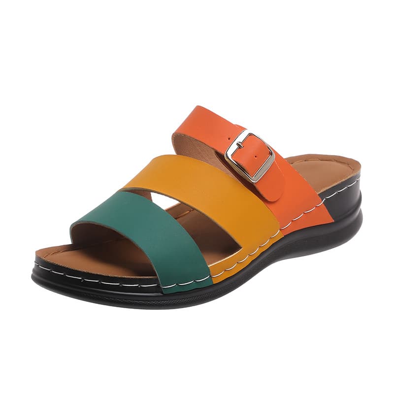 2026 New European and American Style Wedge Heel Platform Color Block Sandals for Women, Summer Outer Wear, One-Strap Peep Toe Sandals
