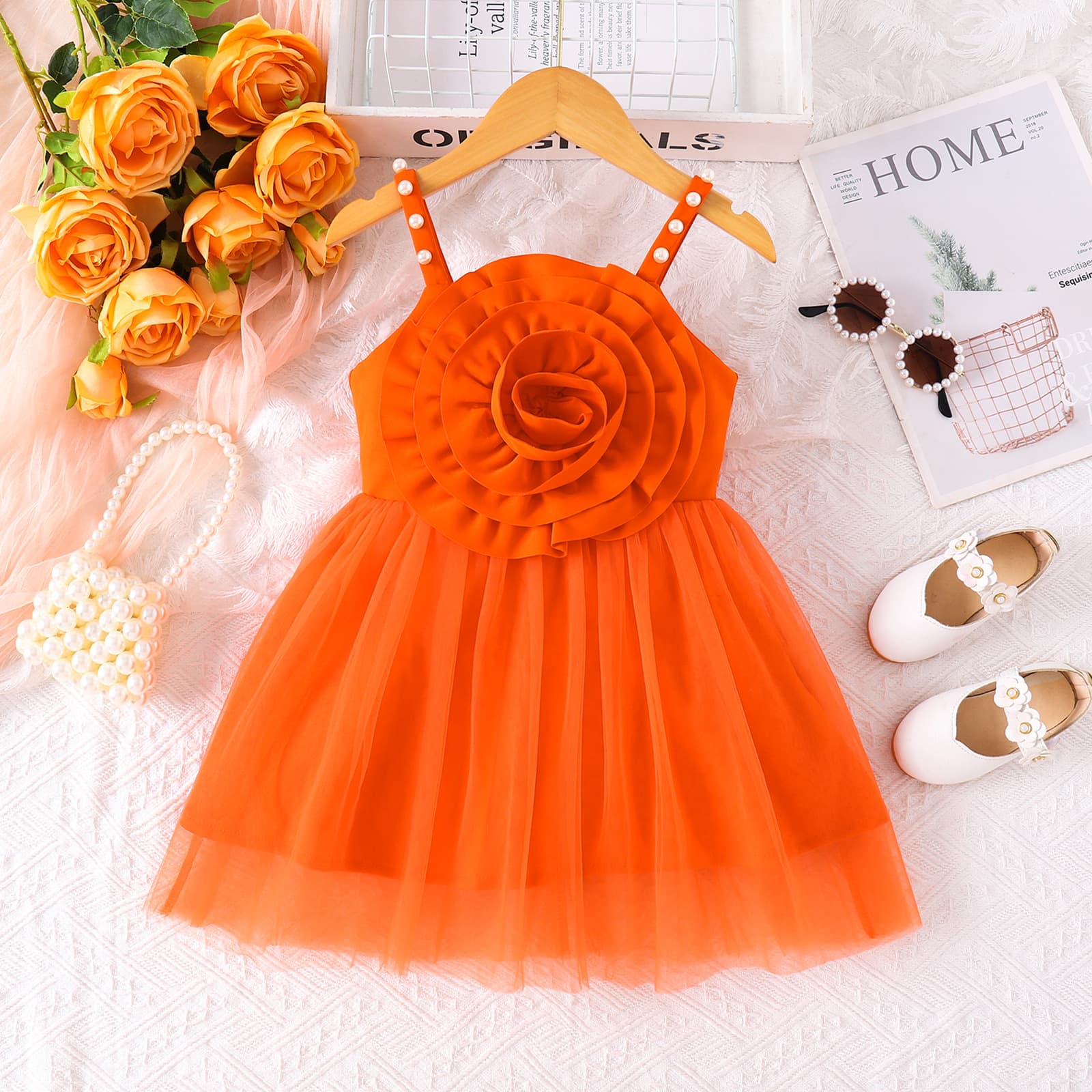 SHEIN Girls Summer Dress with Flower Mesh Skirt, Toddler Baby Dress